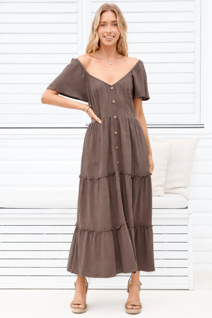 Karina Midi Dress - Button Down Cap Sleeve Tiered Dress in Brown