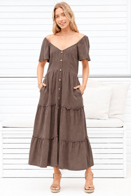 Karina Midi Dress - Button Down Cap Sleeve Tiered Dress in Brown