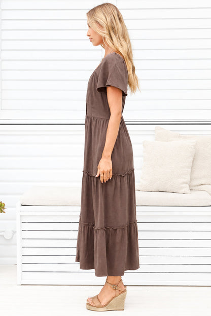 Karina Midi Dress - Button Down Cap Sleeve Tiered Dress in Brown