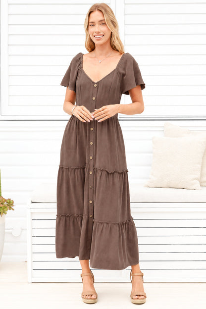 Karina Midi Dress - Button Down Cap Sleeve Tiered Dress in Brown