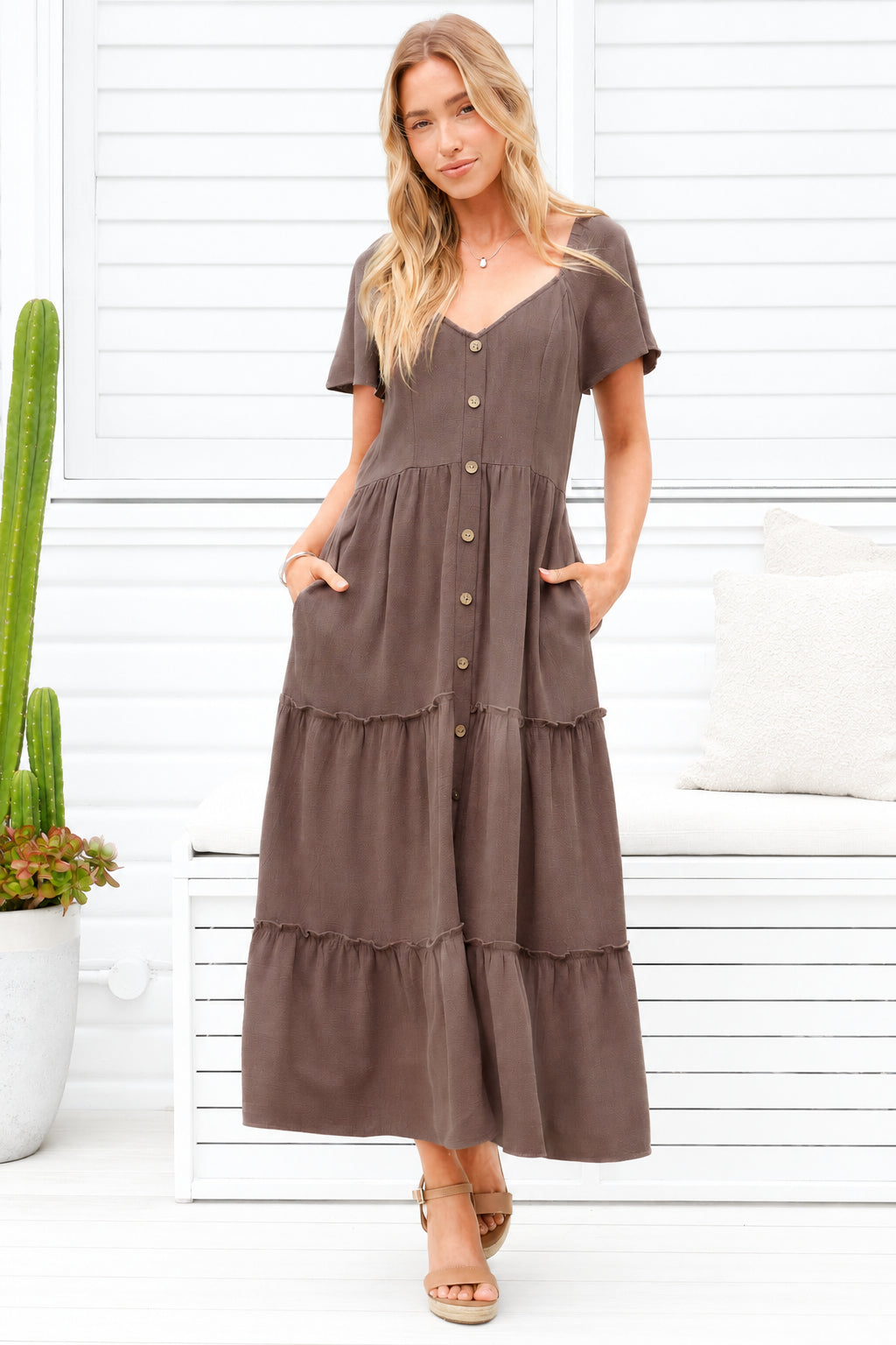 Karina Midi Dress - Button Down Cap Sleeve Tiered Dress in Brown