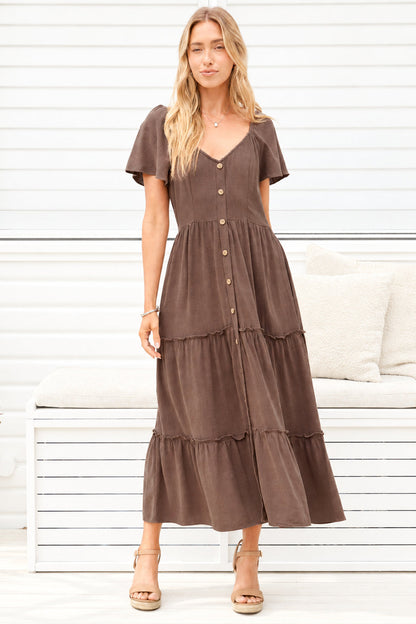 Karina Midi Dress - Button Down Cap Sleeve Tiered Dress in Brown