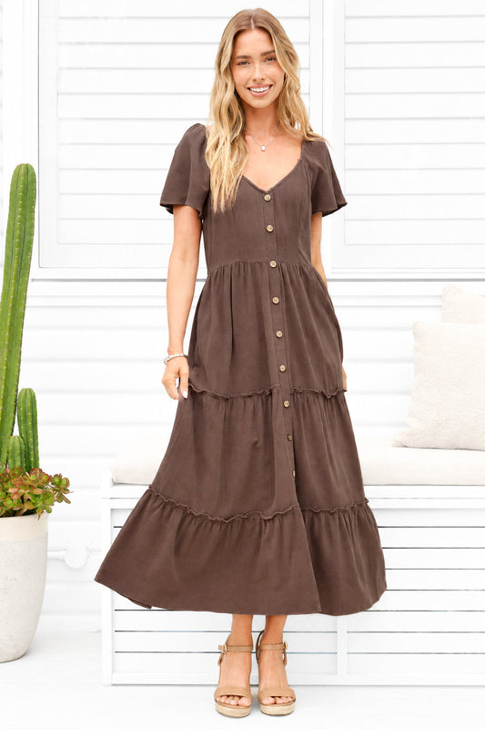 Karina Midi Dress - Button Down Cap Sleeve Tiered Dress in Brown
