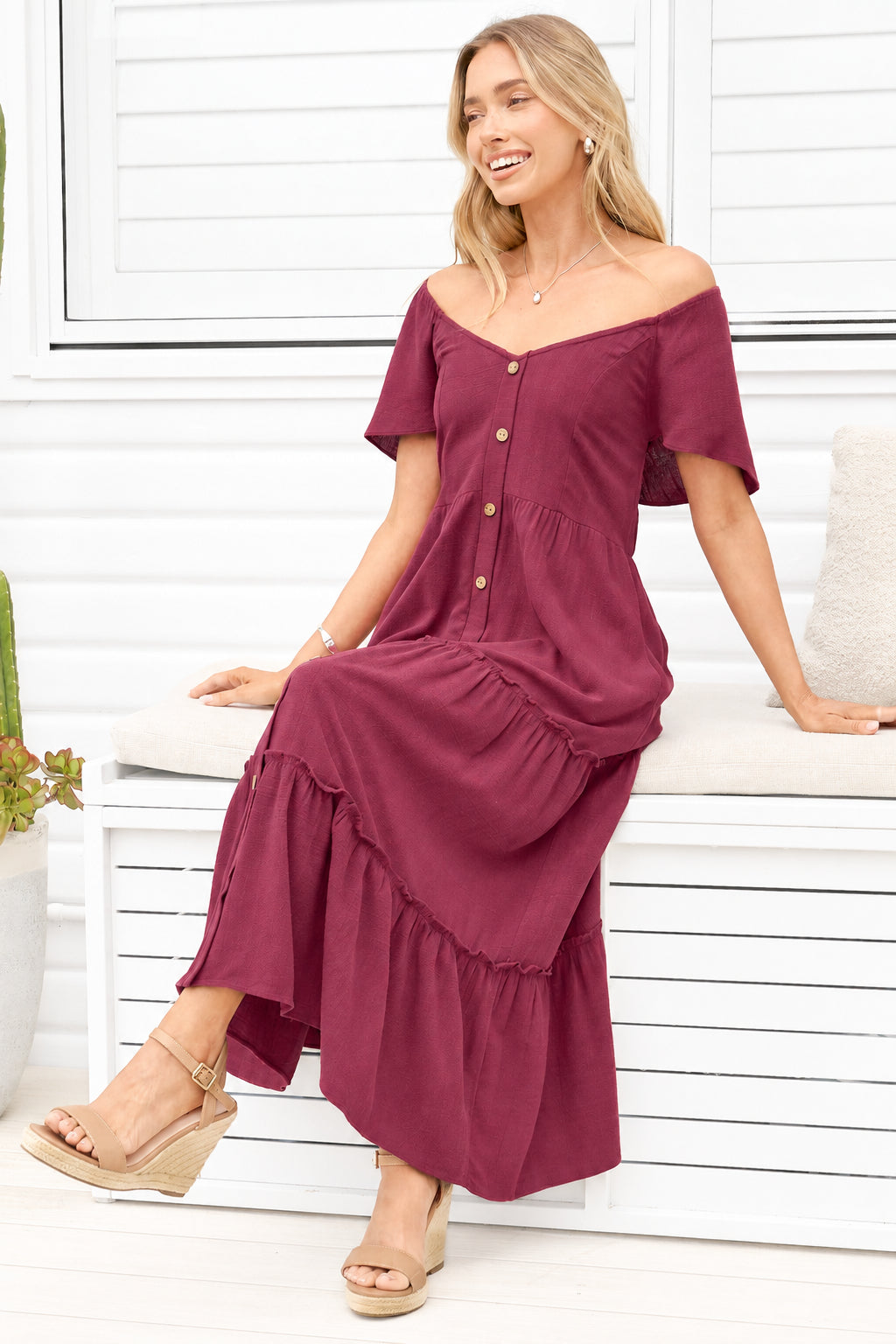 Karina Midi Dress - Button Down Cap Sleeve Tiered Dress in Wine