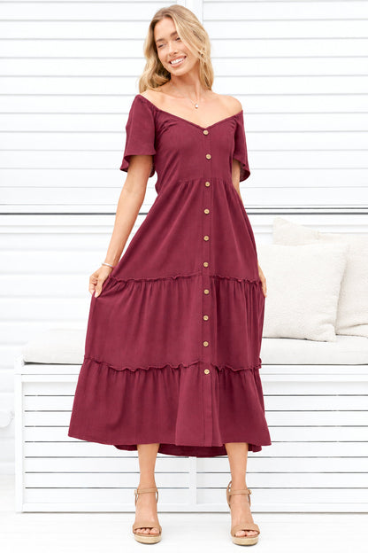 Karina Midi Dress - Button Down Cap Sleeve Tiered Dress in Wine