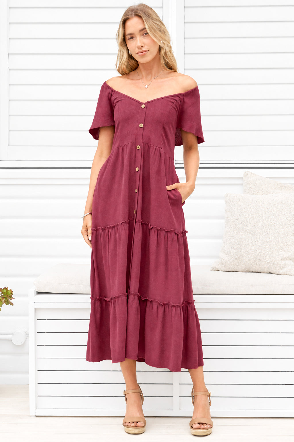 Karina Midi Dress - Button Down Cap Sleeve Tiered Dress in Wine