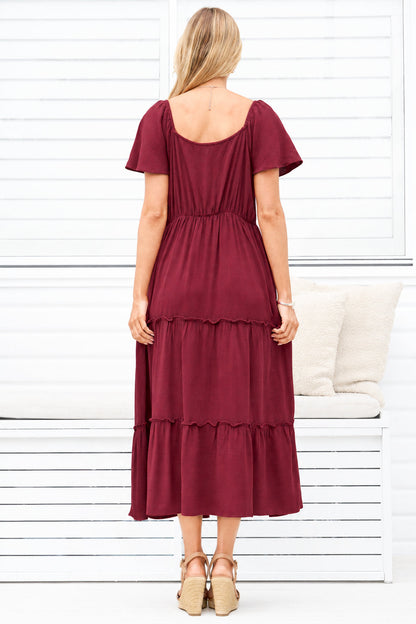 Karina Midi Dress - Button Down Cap Sleeve Tiered Dress in Wine