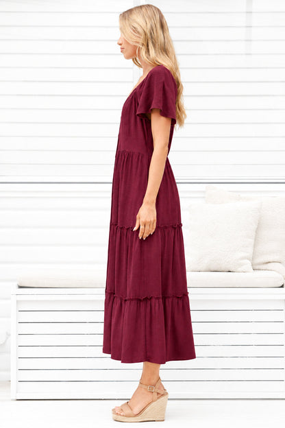 Karina Midi Dress - Button Down Cap Sleeve Tiered Dress in Wine