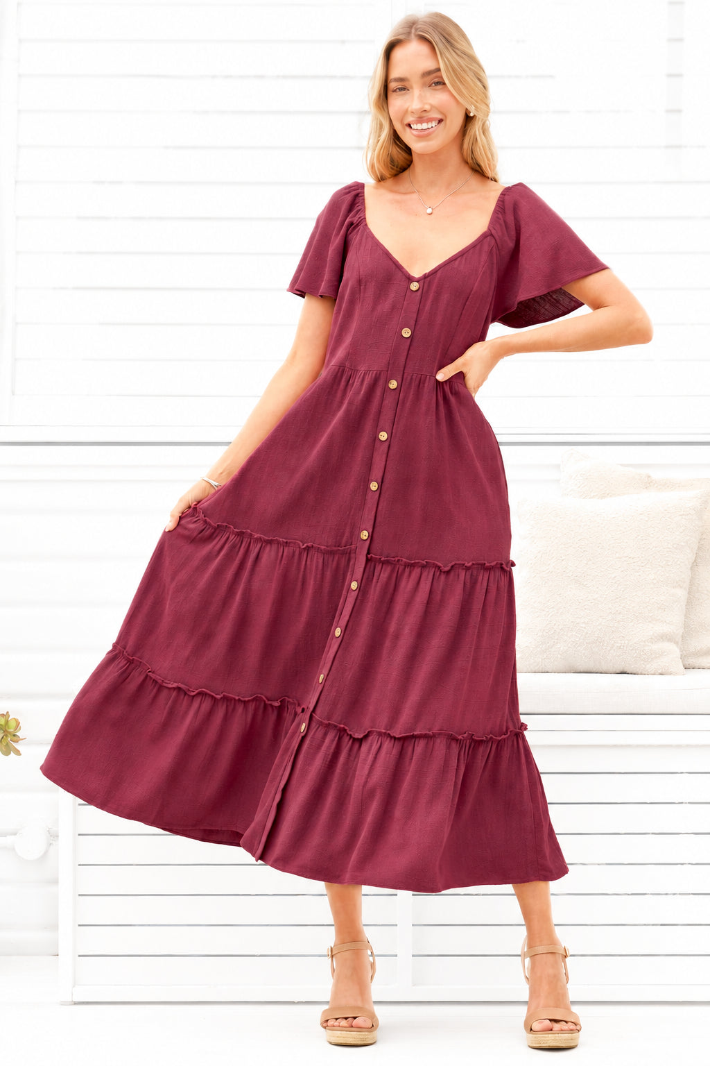Karina Midi Dress - Button Down Cap Sleeve Tiered Dress in Wine