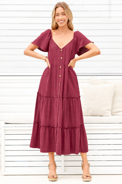 Karina Midi Dress - Button Down Cap Sleeve Tiered Dress in Wine