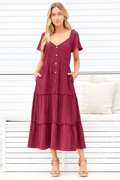 Karina Midi Dress - Button Down Cap Sleeve Tiered Dress in Wine
