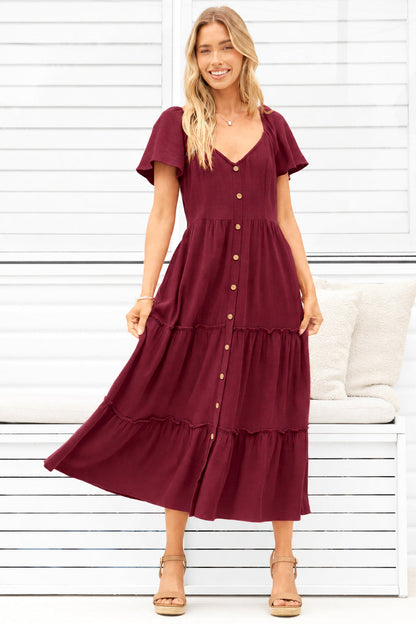 Karina Midi Dress - Button Down Cap Sleeve Tiered Dress in Wine