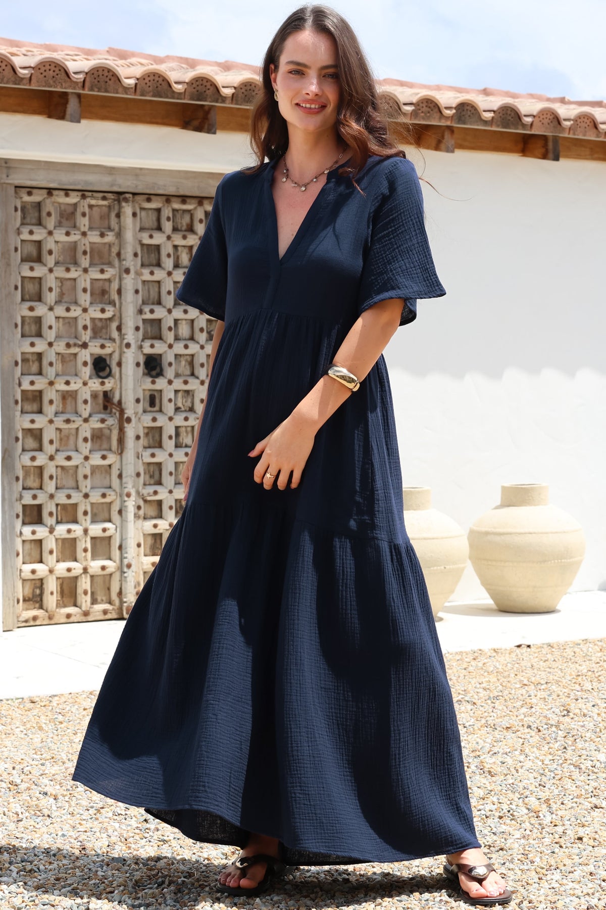 Laysa Maxi Dress - Mandarin Collar Short Sleeve Dress in Navy