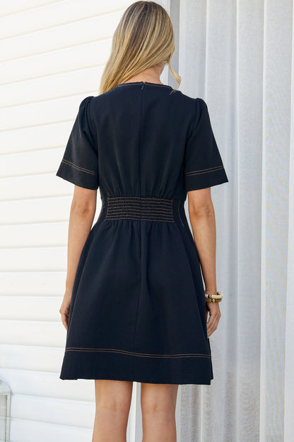 Leanne Mini Dress - V Neck A Line Dress with Pleated Skirt in Dark Denim