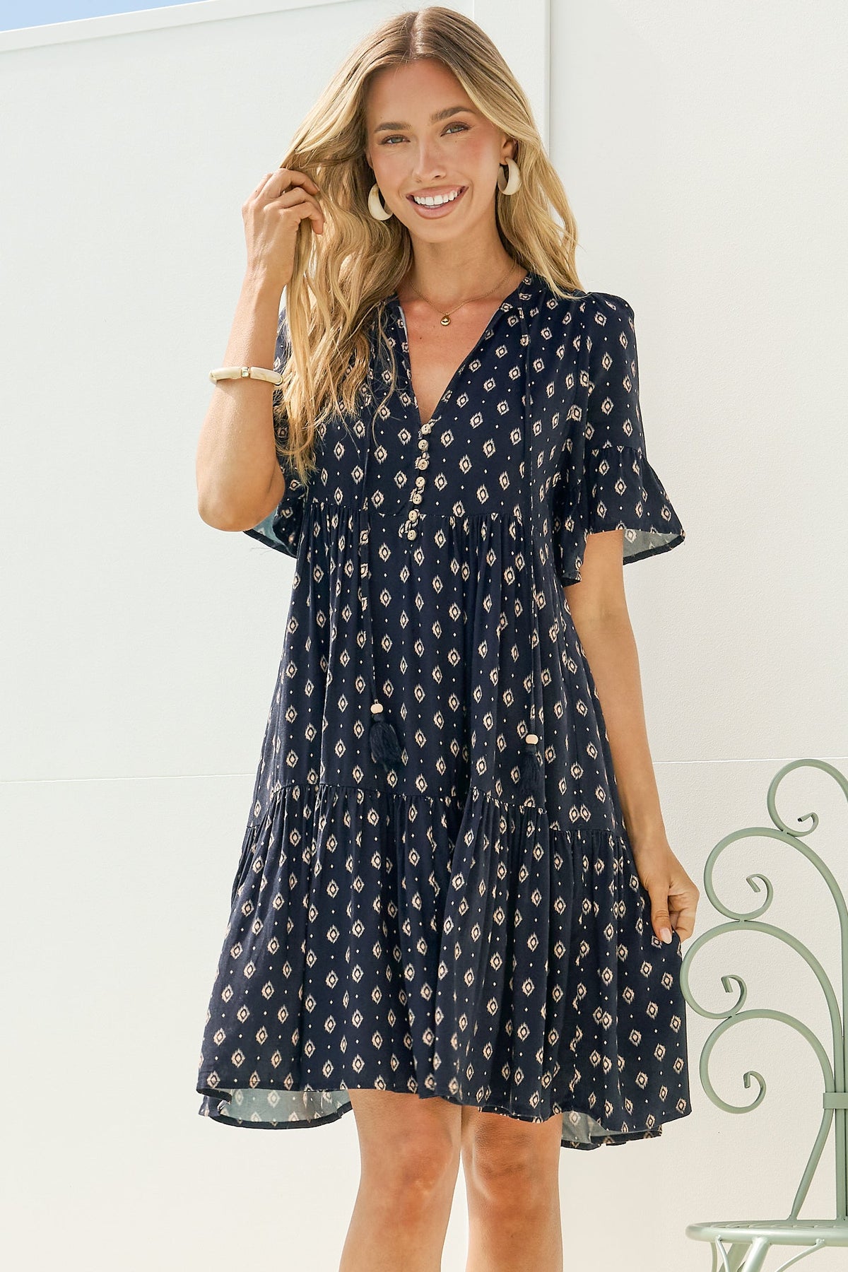 Lilou Mini Dress - Smock Dress with V Neckline and Ruffle-cuff Sleeves in Kendy Print Navy