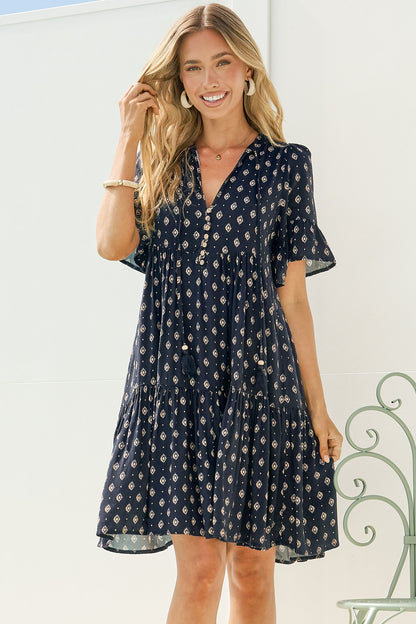 Lilou Mini Dress - Smock Dress with V Neckline and Ruffle-cuff Sleeves in Kendy Print Navy