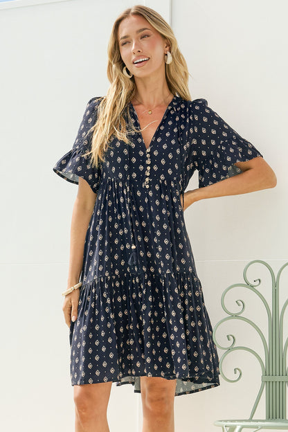 Lilou Mini Dress - Smock Dress with V Neckline and Ruffle-cuff Sleeves in Kendy Print Navy
