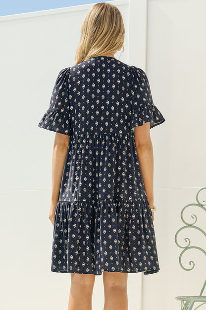 Lilou Mini Dress - Smock Dress with V Neckline and Ruffle-cuff Sleeves in Kendy Print Navy