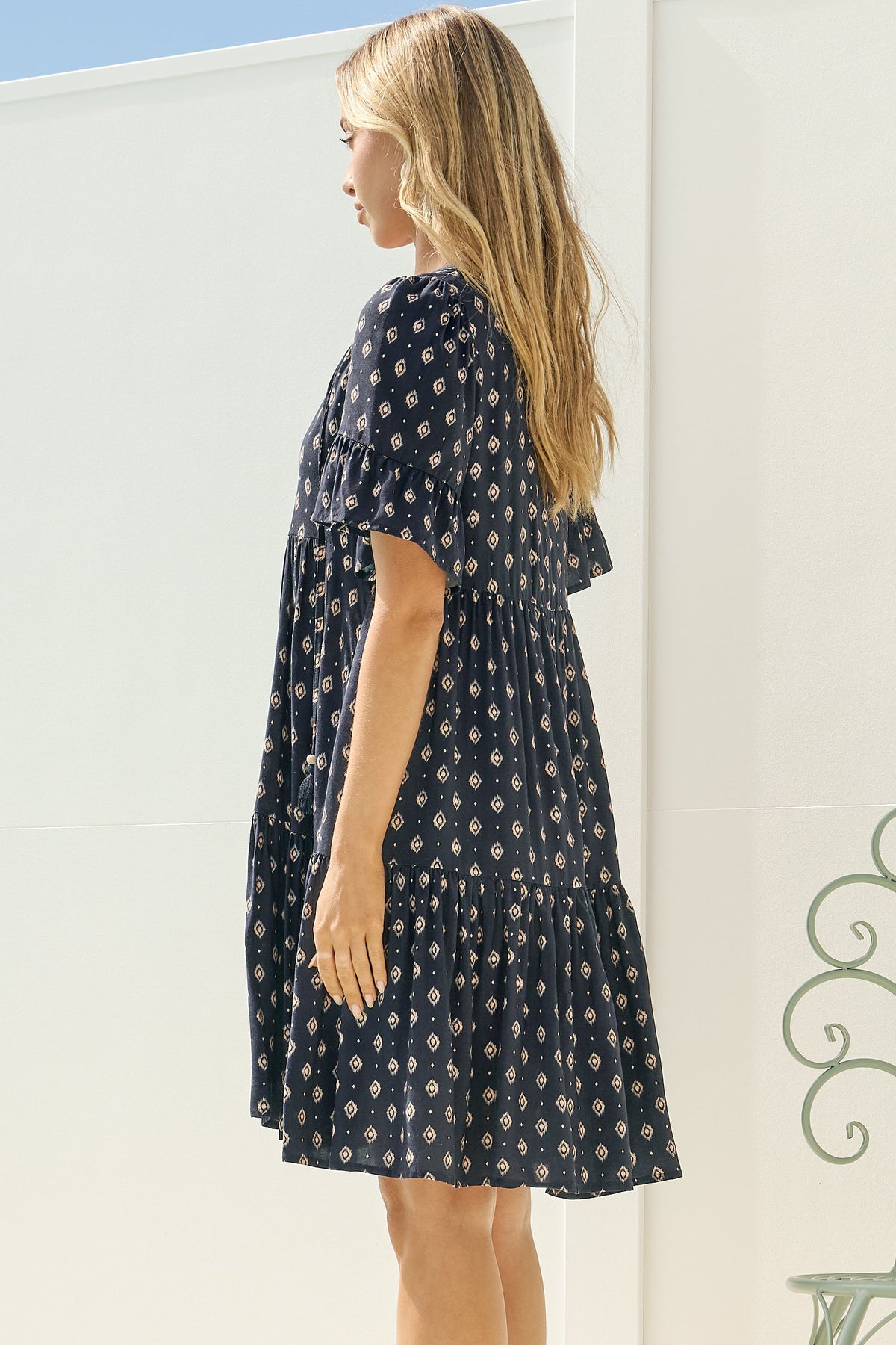 Lilou Mini Dress - Smock Dress with V Neckline and Ruffle-cuff Sleeves in Kendy Print Navy
