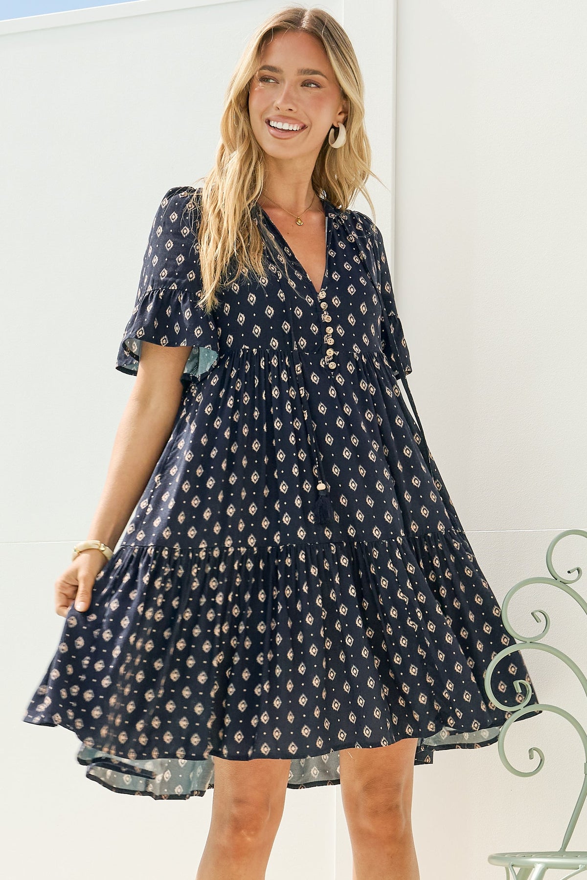 Lilou Mini Dress - Smock Dress with V Neckline and Ruffle-cuff Sleeves in Kendy Print Navy