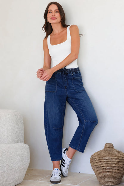 Lowen Barrel Jeans - Elasticated Waist Patch Pocket & Knee Detail Jeans in Dark Denim