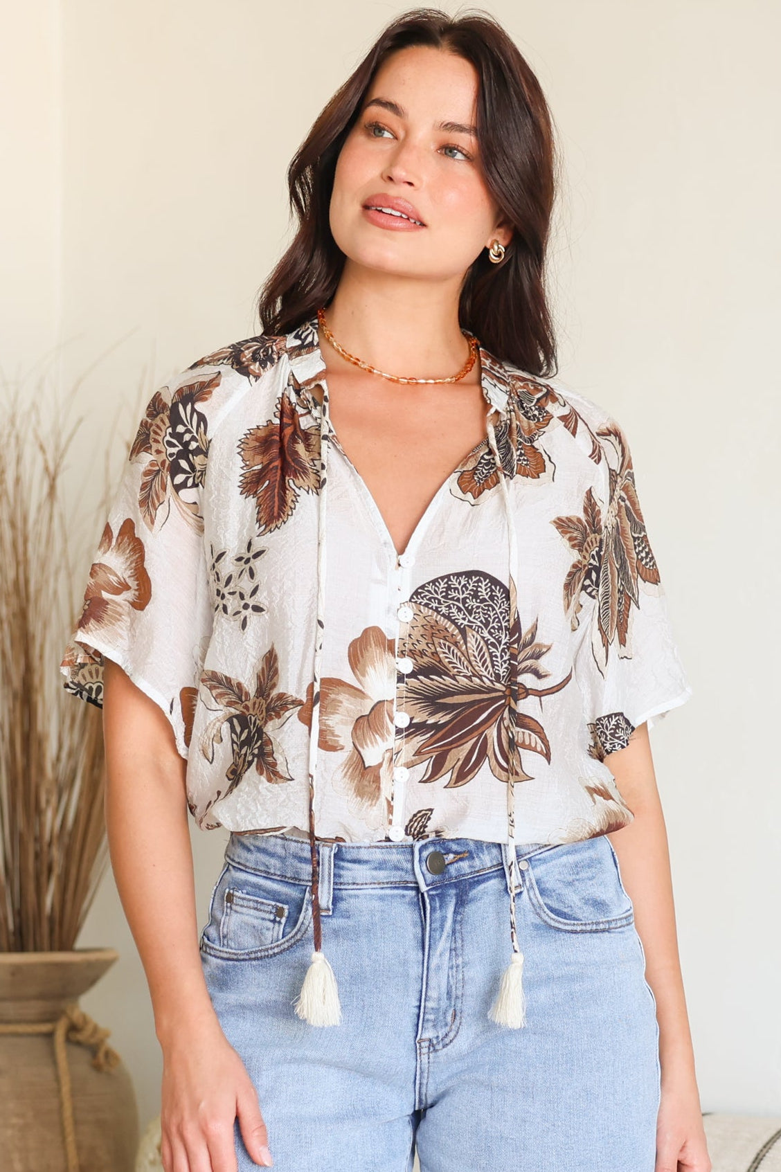 Maia Top - V-Neck with Neck Tassel Tie and Short Sleeve Button Down in Shanina Print White