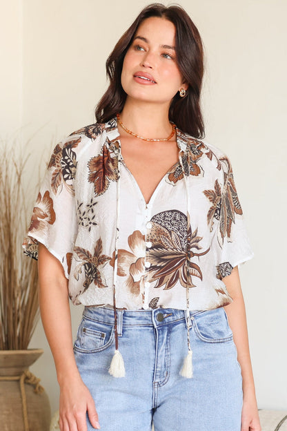 Maia Top - V-Neck with Neck Tassel Tie and Short Sleeve Button Down in Shanina Print White