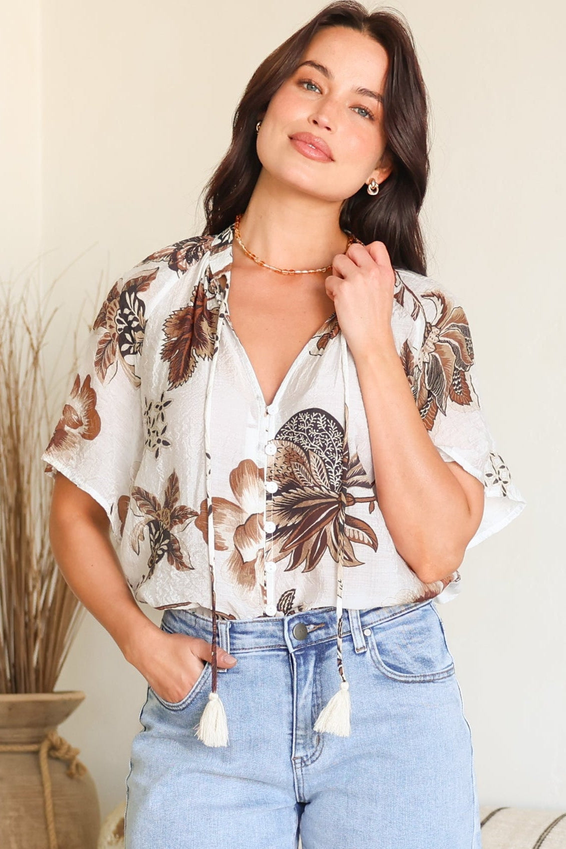 Maia Top - V-Neck with Neck Tassel Tie and Short Sleeve Button Down in Shanina Print White