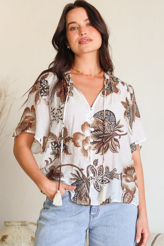 Maia Top - V-Neck with Neck Tassel Tie and Short Sleeve Button Down in Shanina Print White