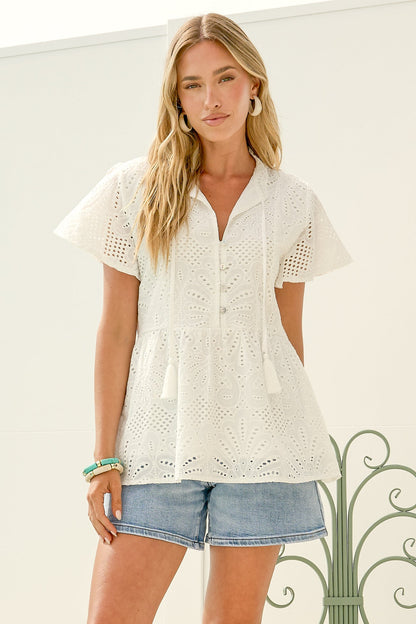 Marcy Top - Frill Mandarin Collar with Neck Tie Embroidered Smock Top in White