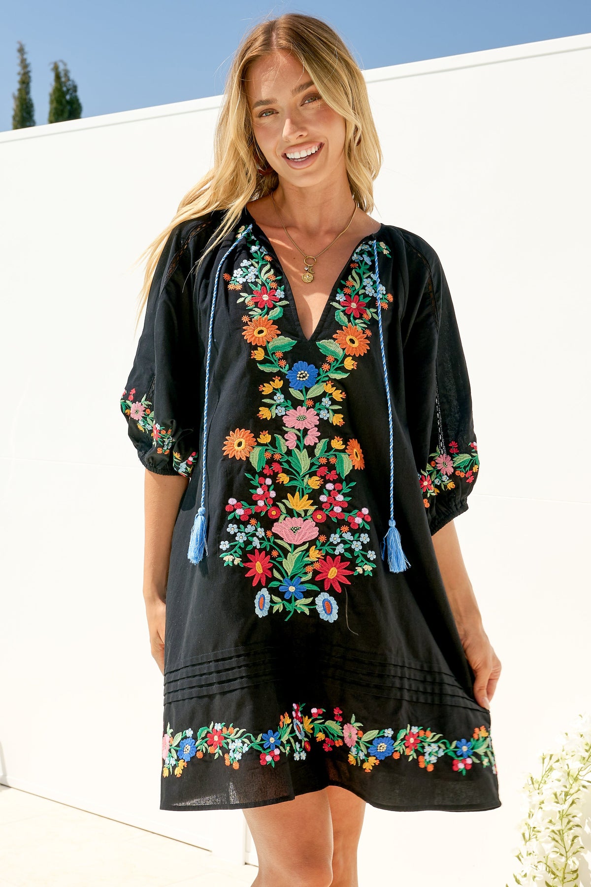 Margerie Mini Dress - Floral Embroidered Shift Dress with Balloon Sleeves in Black