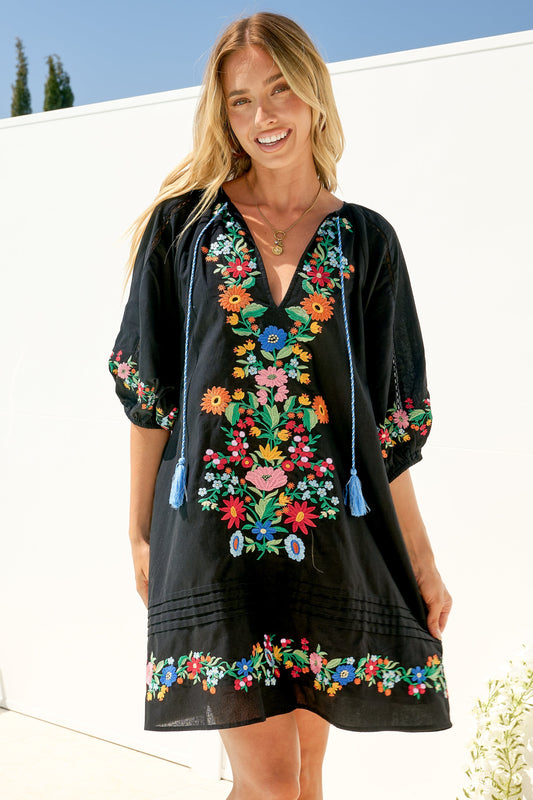 Margerie Mini Dress - Floral Embroidered Shift Dress with Balloon Sleeves in Black