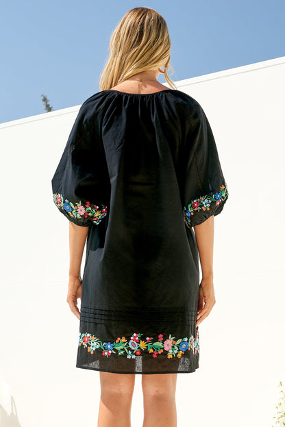 Margerie Mini Dress - Floral Embroidered Shift Dress with Balloon Sleeves in Black