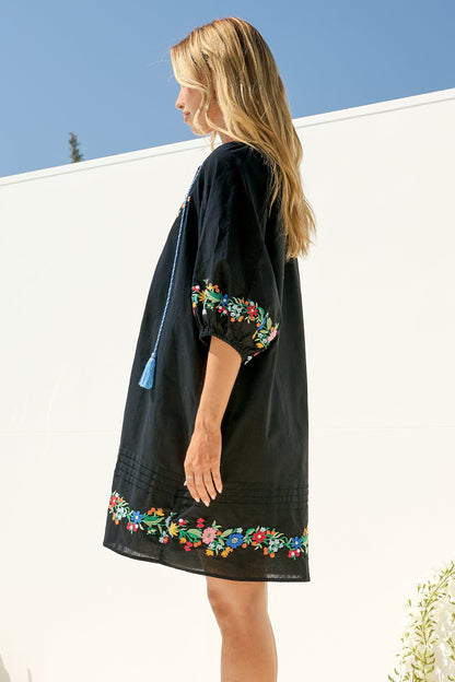 Margerie Mini Dress - Floral Embroidered Shift Dress with Balloon Sleeves in Black