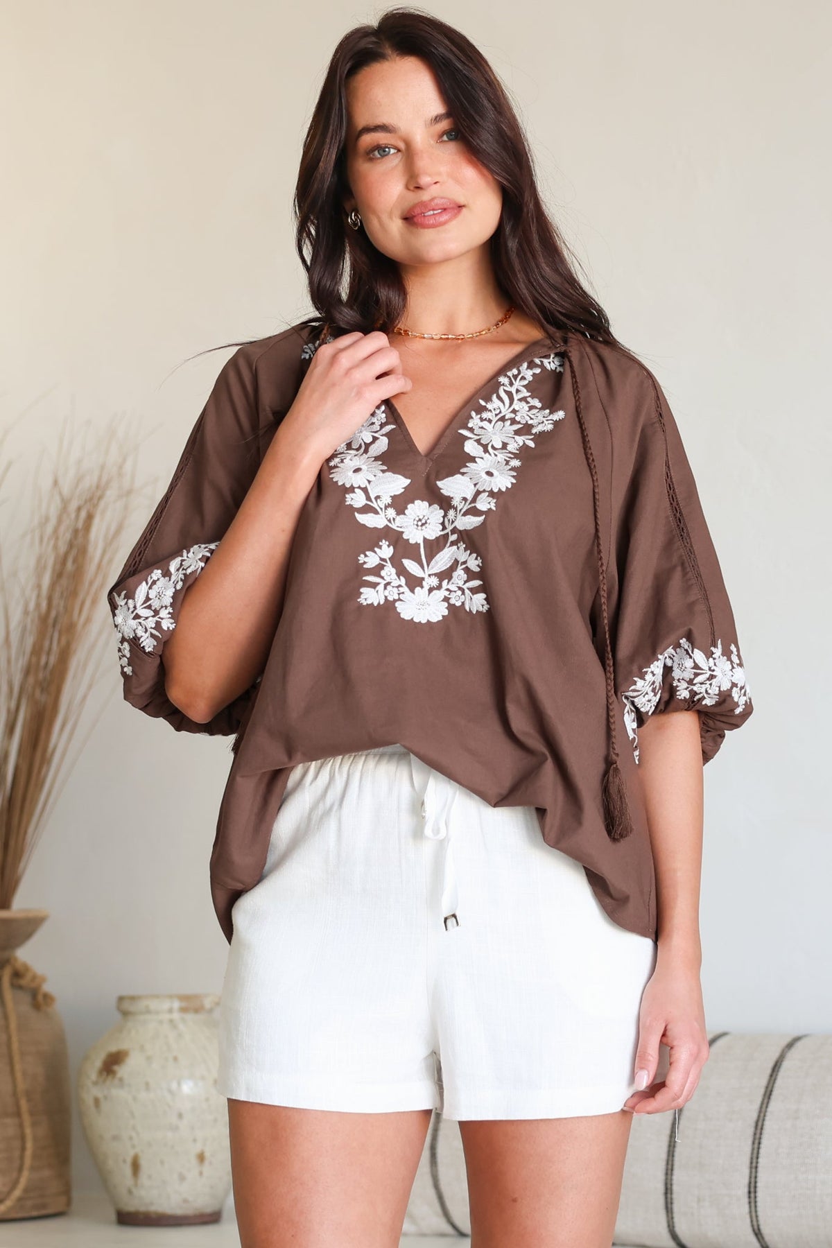 Margerie Top - Floral Embroidered Top with 3/4 Sleeves in Chocolate