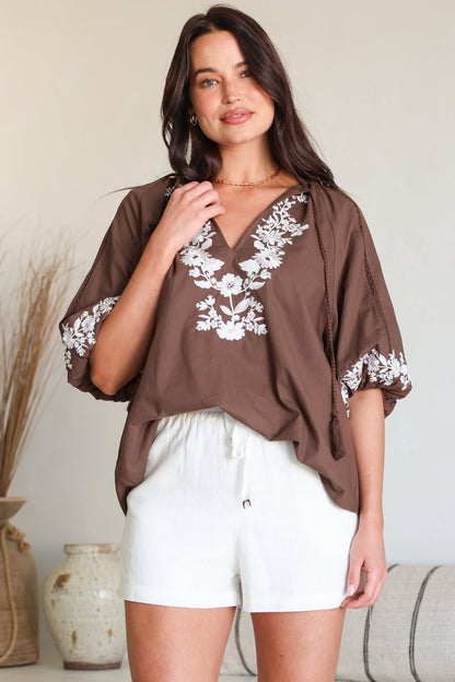 Margerie Top - Floral Embroidered Top with 3/4 Sleeves in Chocolate