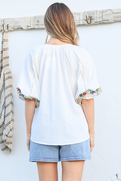Margerie Top - Floral Embroidered Top with 3/4 Sleeves in White