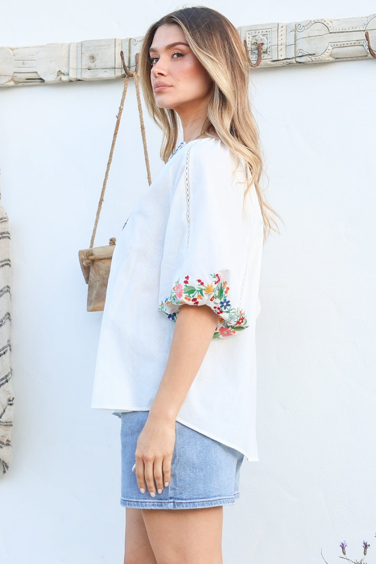 Margerie Top - Floral Embroidered Top with 3/4 Sleeves in White
