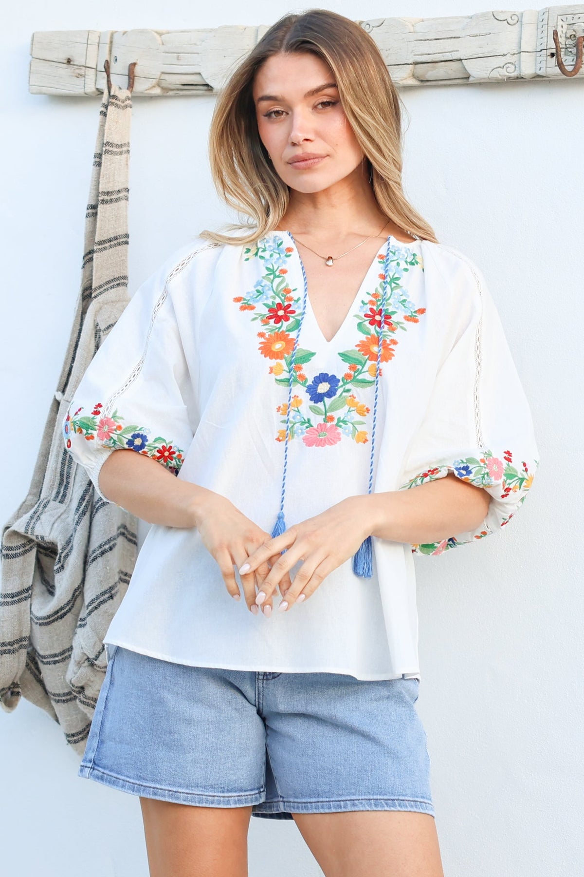 Margerie Top - Floral Embroidered Top with 3/4 Sleeves in White