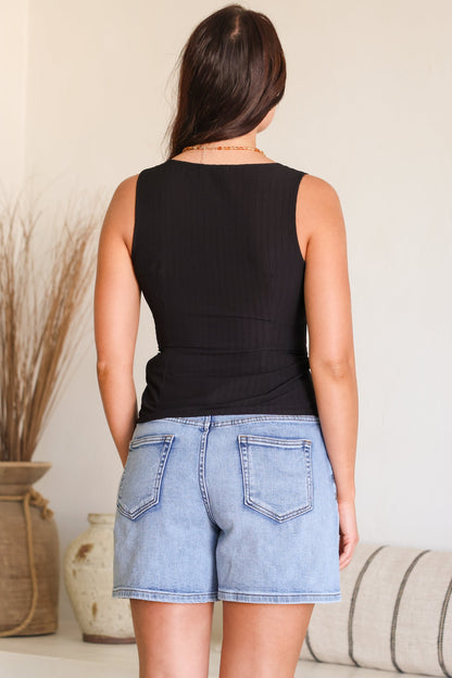 Mariella Top - Lace Trimmed V Neckline Ribbed Look Sleeveless Top with Tie Detail in Black