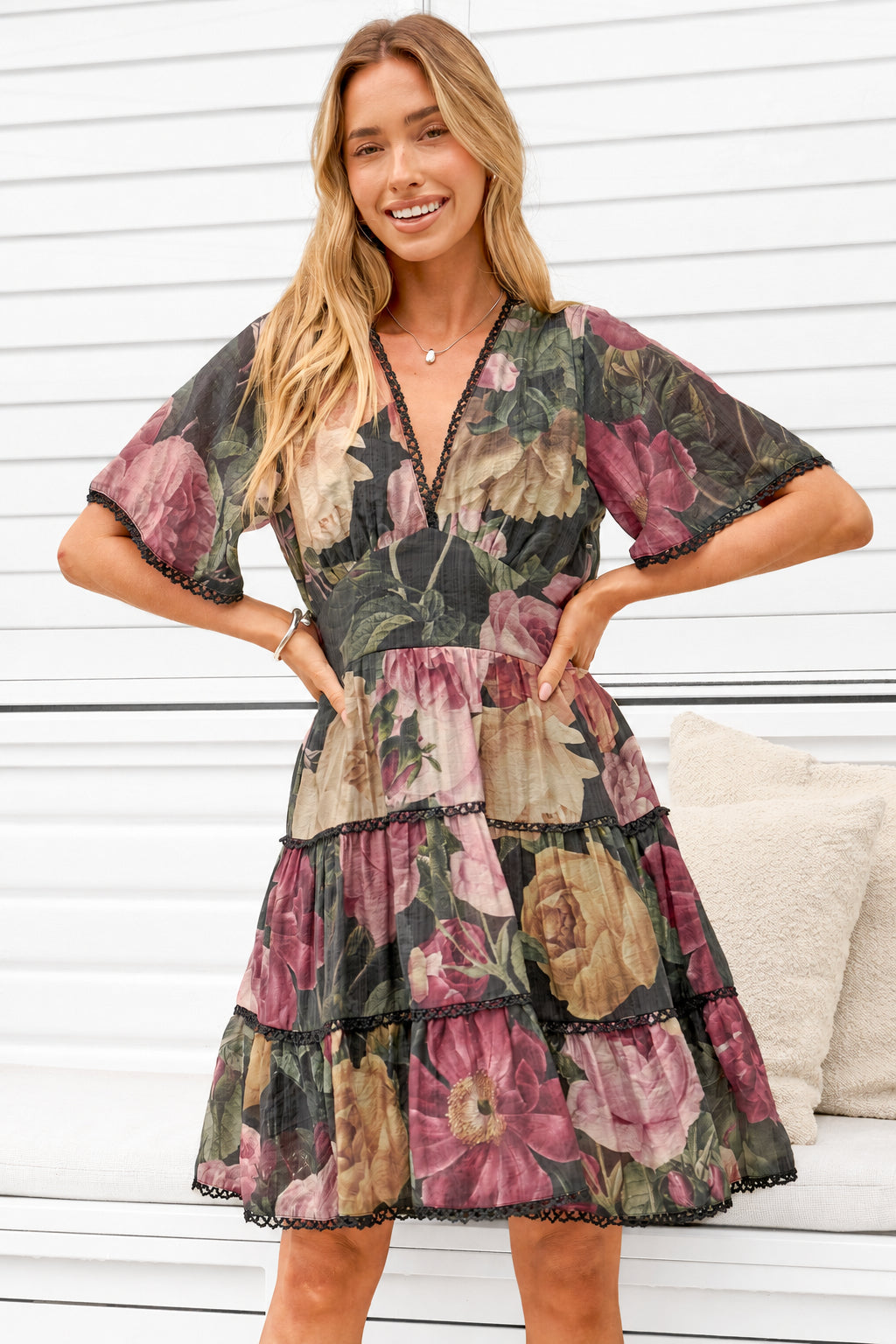Marion Mini Dress - Lace Trim Tiered Dress with Flutter Sleeves in Annalisa Print