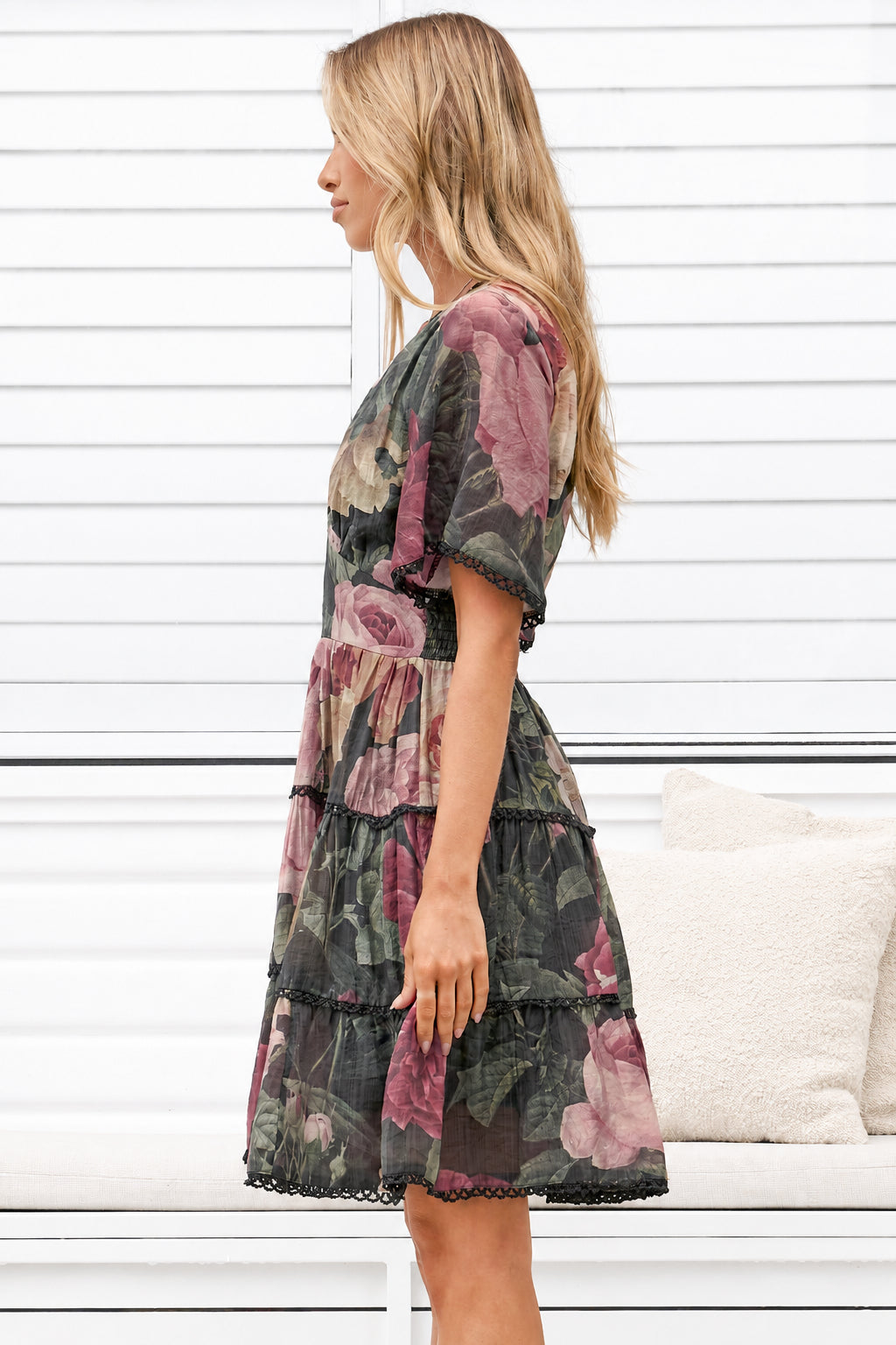 Marion Mini Dress - Lace Trim Tiered Dress with Flutter Sleeves in Annalisa Print