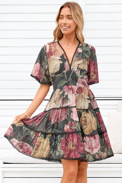 Marion Mini Dress - Lace Trim Tiered Dress with Flutter Sleeves in Annalisa Print