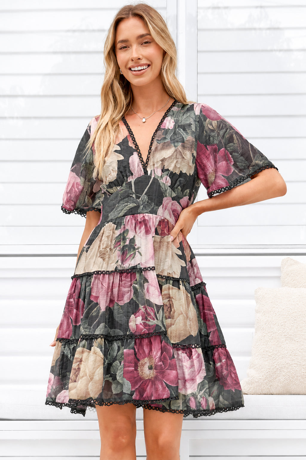 Marion Mini Dress - Lace Trim Tiered Dress with Flutter Sleeves in Annalisa Print