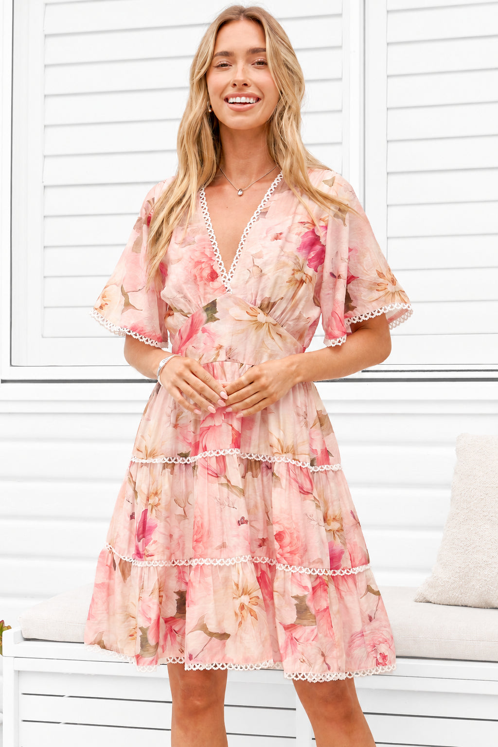 Marion Mini Dress - Lace Trim Tiered Dress with Flutter Sleeves in Lucy Print