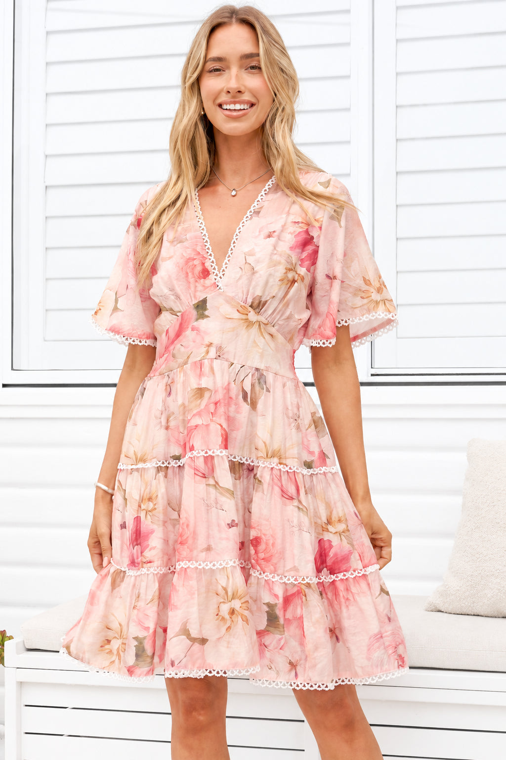 Marion Mini Dress - Lace Trim Tiered Dress with Flutter Sleeves in Lucy Print