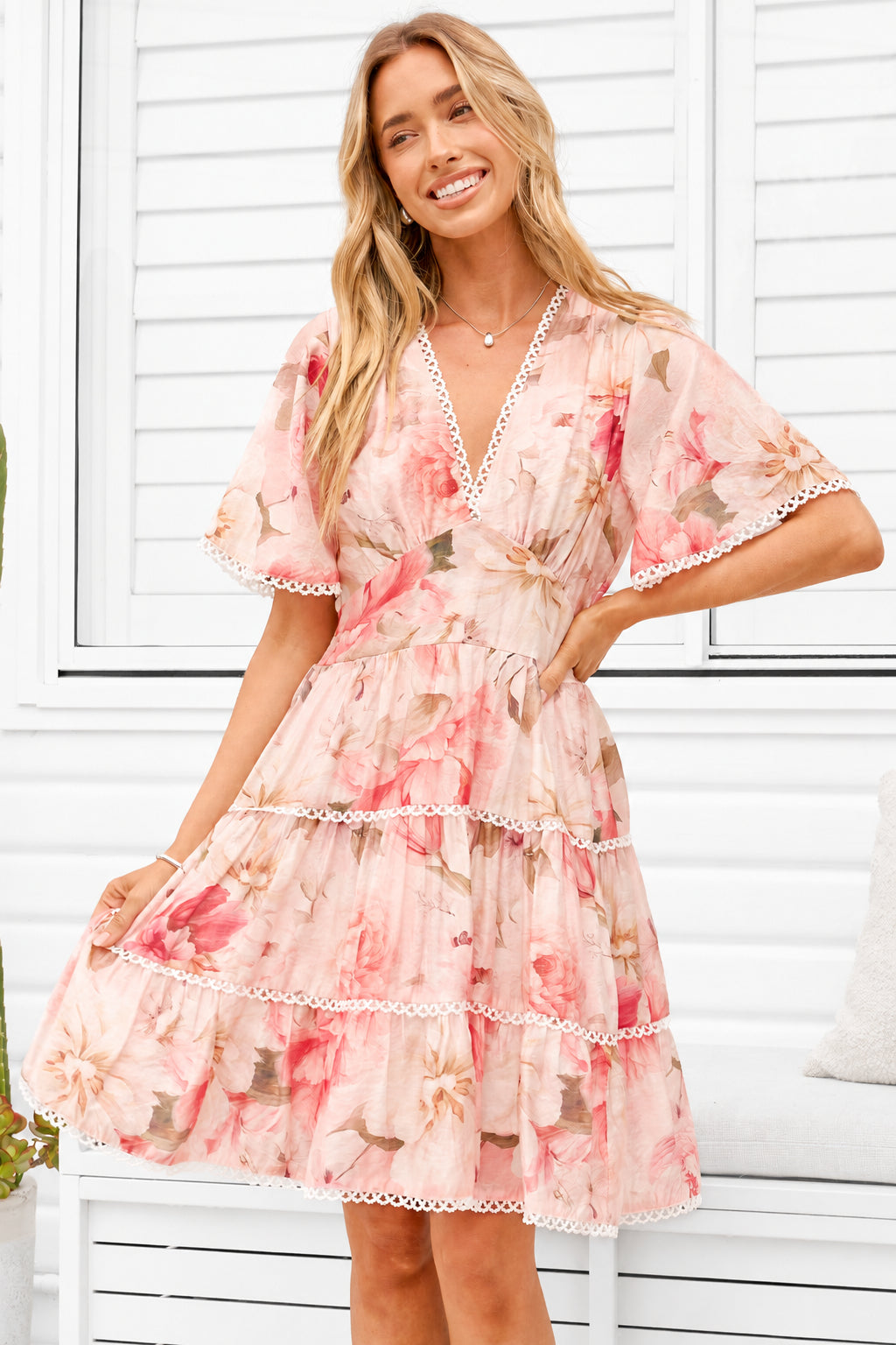 Marion Mini Dress - Lace Trim Tiered Dress with Flutter Sleeves in Lucy Print