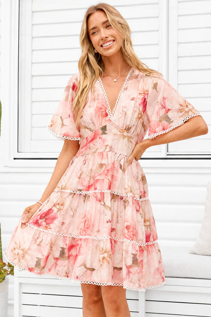Marion Mini Dress - Lace Trim Tiered Dress with Flutter Sleeves in Lucy Print