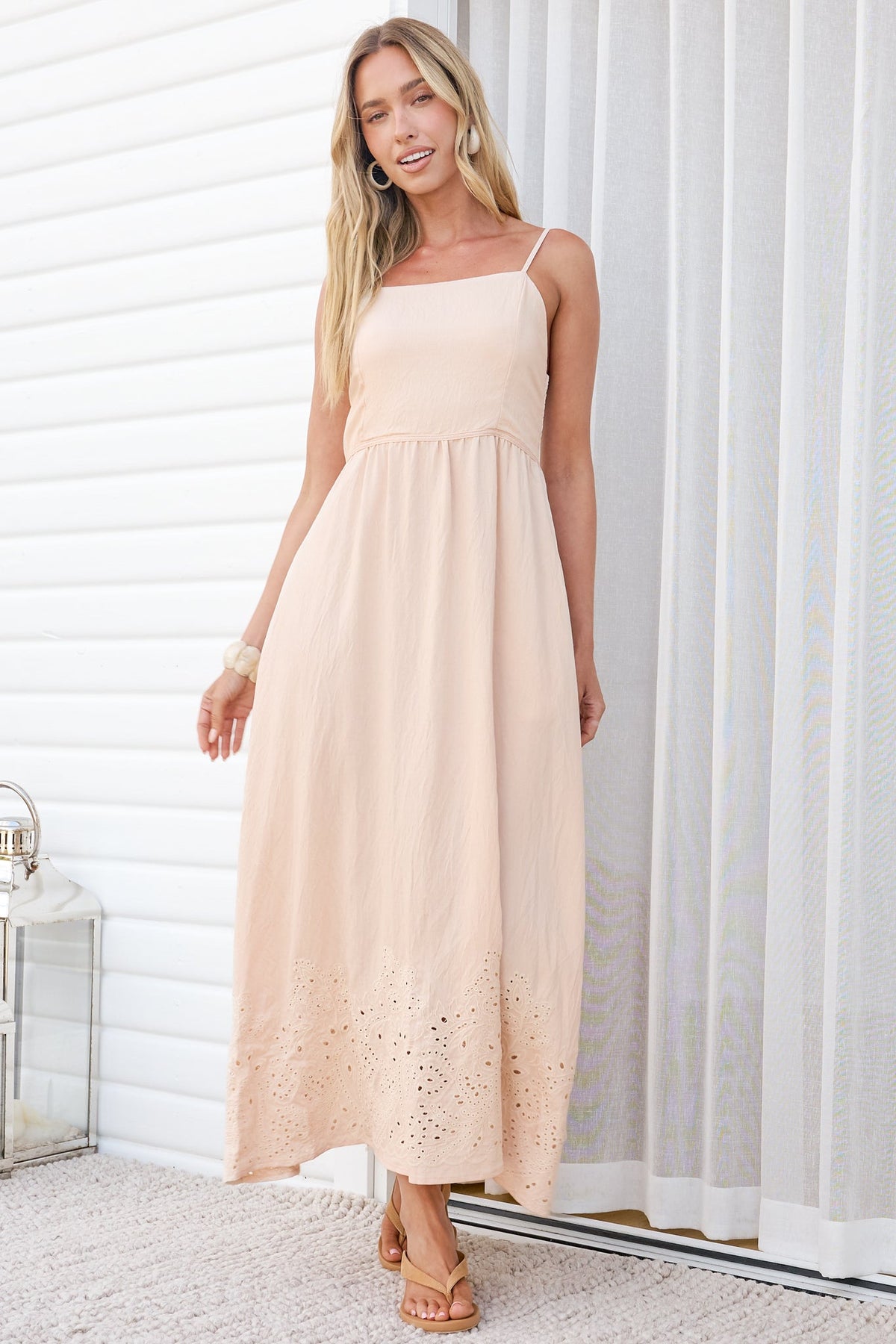 Matilda Midi Dress - Broadleaf Eyelet Embroidered A Line Dress with Adjustable Straps in Cream