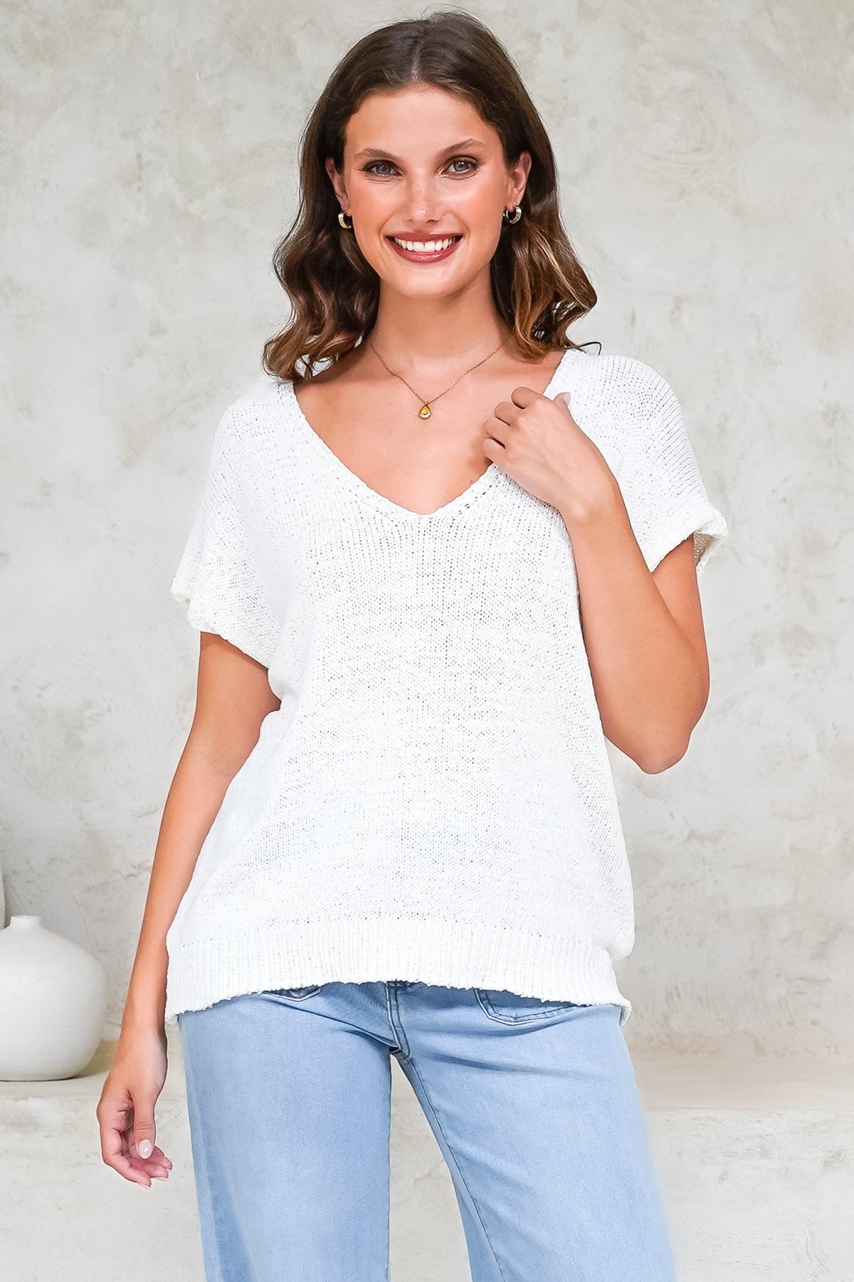 Millicent Knit Top - Relaxed V-Neck Top with Ribbed Hemline in White